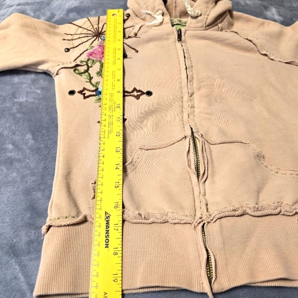 Miss Me Embroidered‎ Tan Cropped Hoodie Jacket Womens Size S Thrashed Distressed - Picture 11 of 13